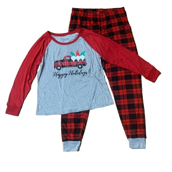 NWT Christmas Pajama Set Shirt Plaid Pant Lounge 2 Piece Red T-Shirt Truck Large - Picture 1 of 16
